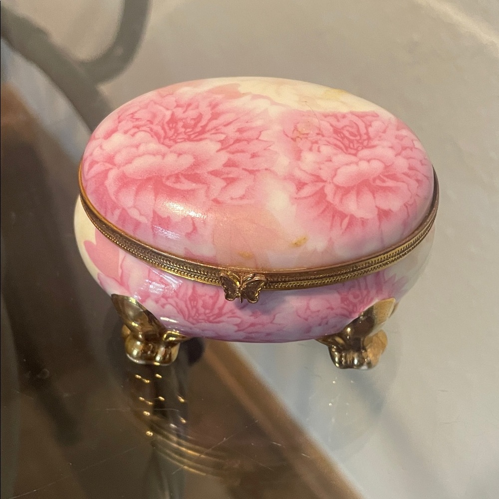 Pink Floral Trinket Box with Gold Accents